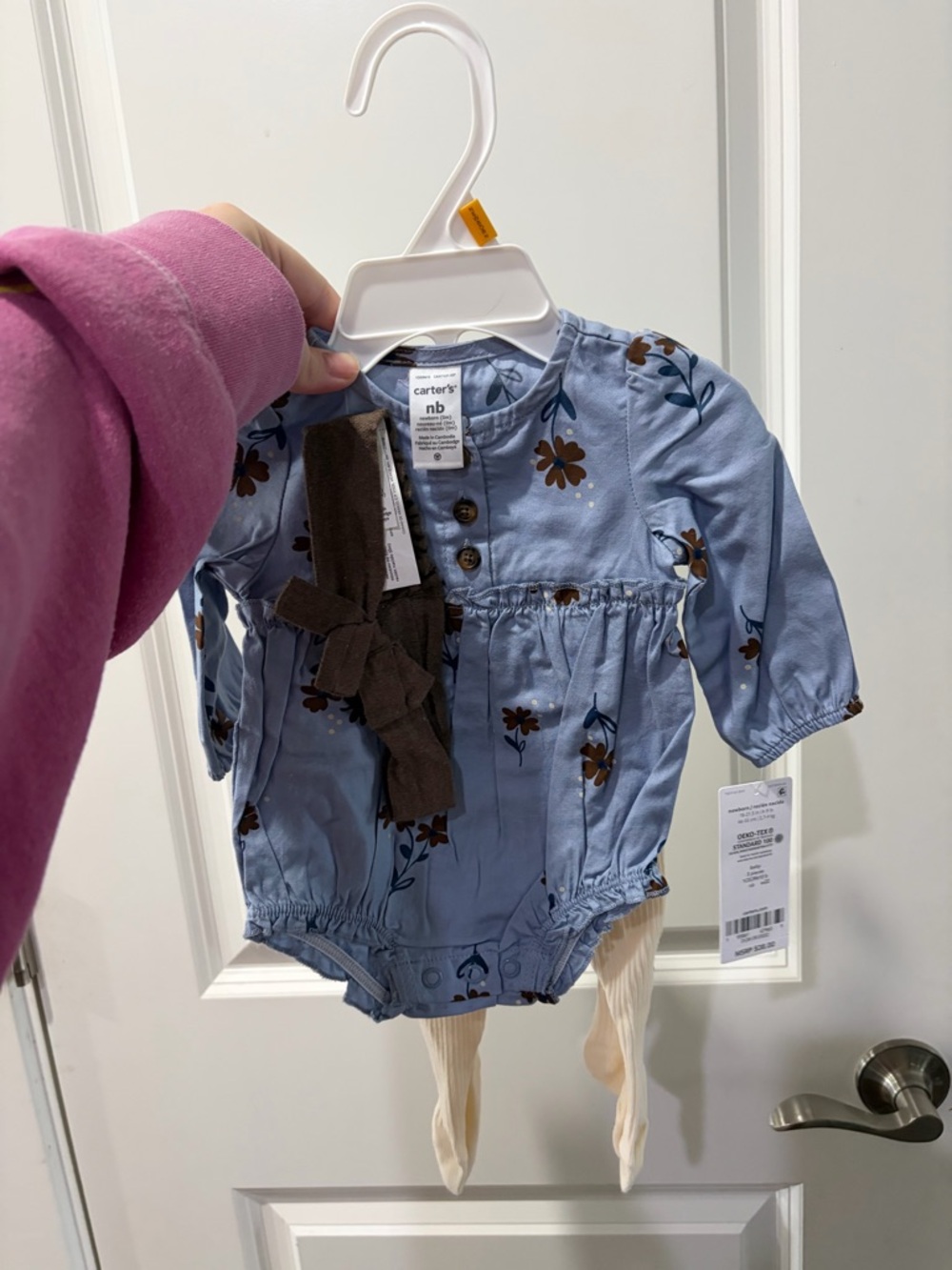 Carter's Light Blue Floral Long-Sleeve Baby Romper with Brown Bow